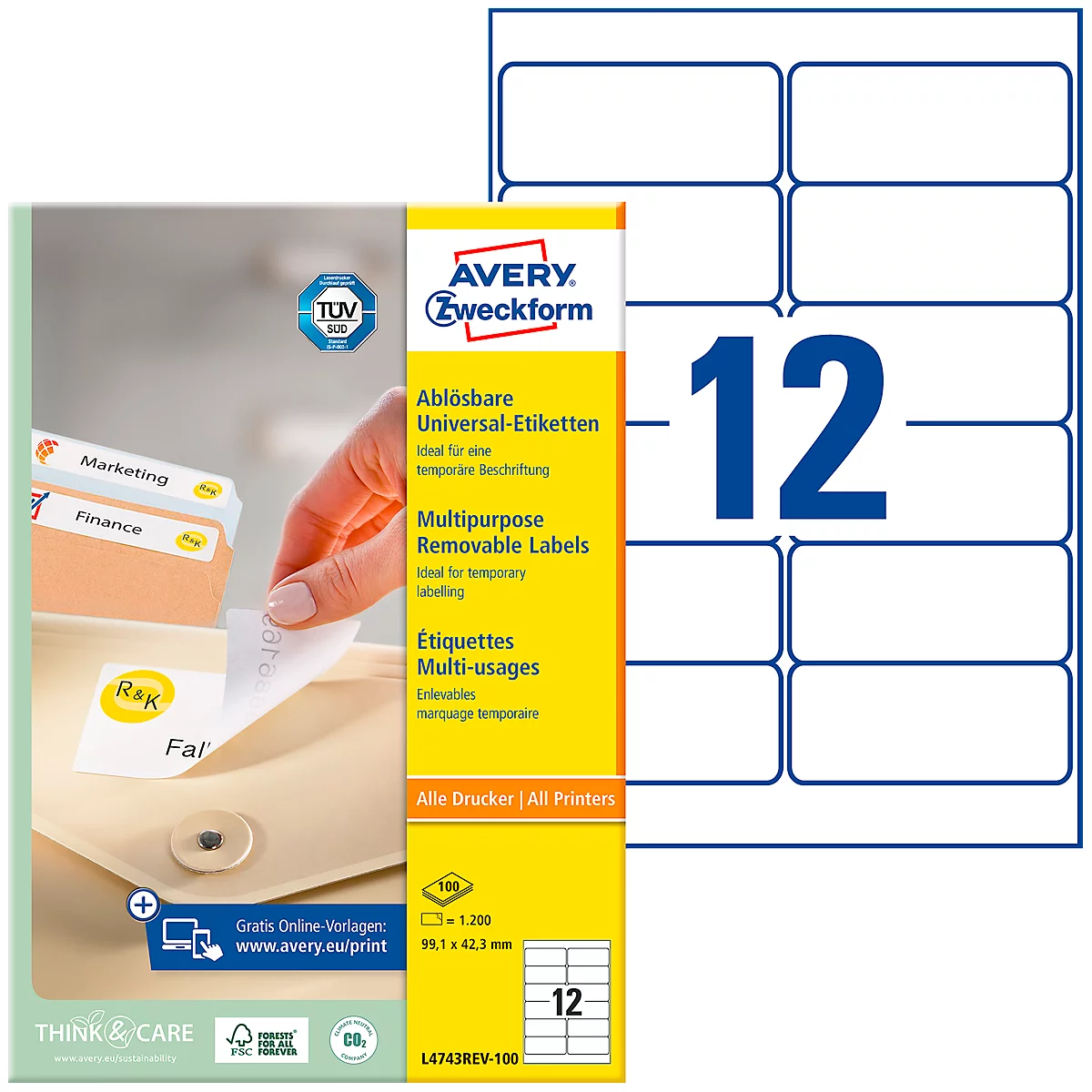 Avery Zweckform universele etiketten, 100 etiketten, 99,1 x 42,3 mm, verwijderbaar