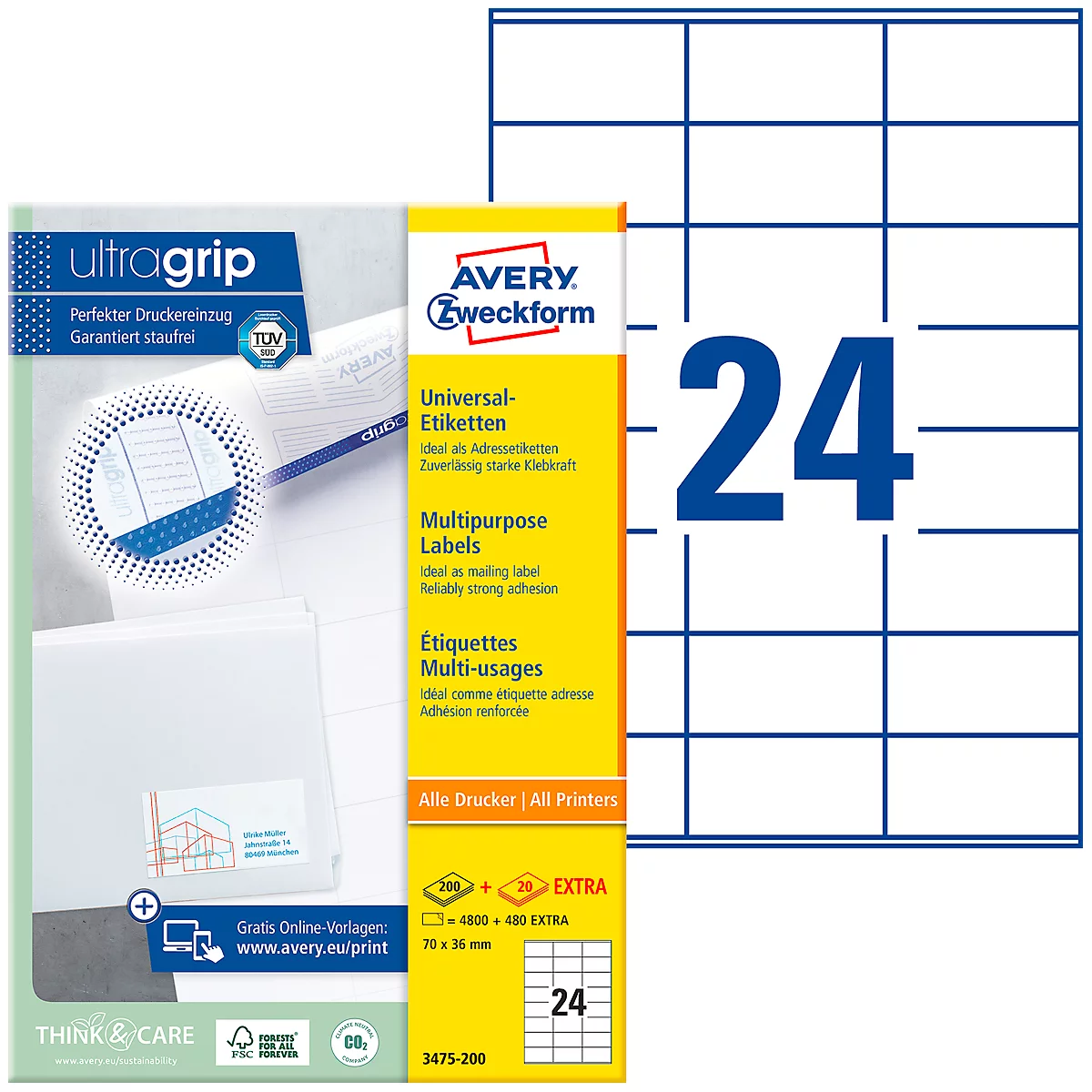 AVERY Zweckform universele etiketten 3475-200, ultragrip, 70 x 36 mm, 4800 + 480 stuks