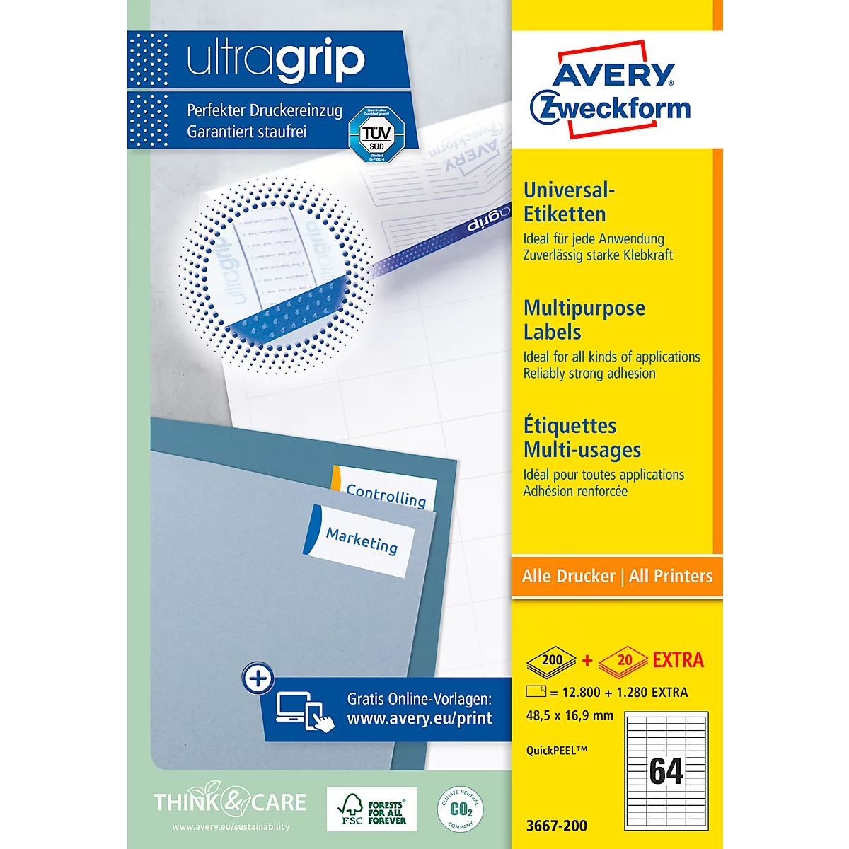 AVERY Zweckform universele etiketten 3667-200, ultragrip, 48,5 x 16,9 mm, 3667-200, 12800 + 1280 stuks