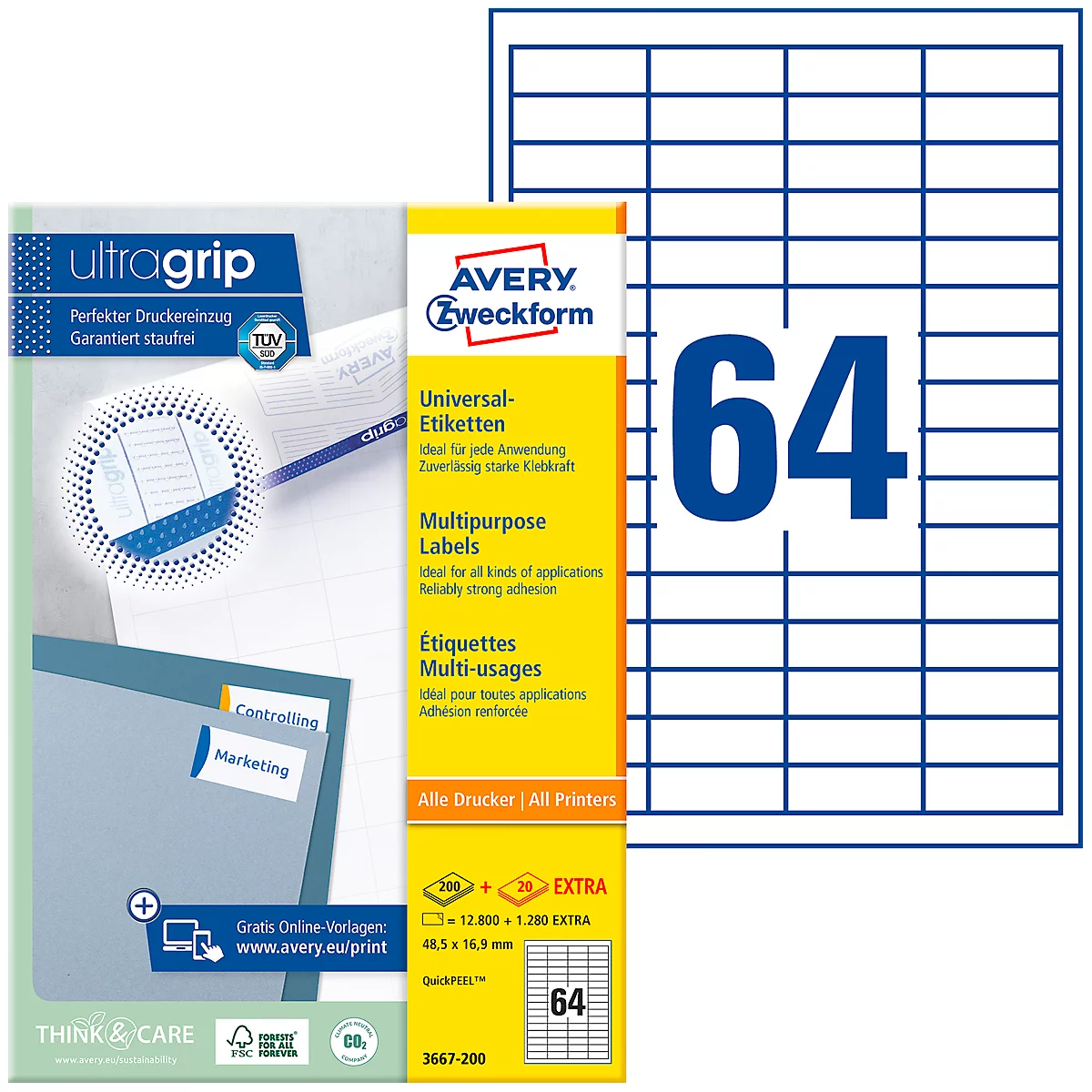 AVERY Zweckform universele etiketten 3667-200, ultragrip, 48,5 x 16,9 mm, 3667-200, 12800 + 1280 stuks