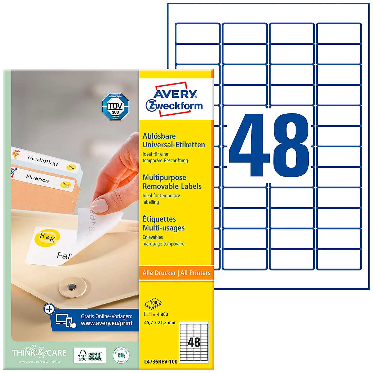 Avery Zweckform universele etiketten, 4800 etiketten, 45,7 x 21,2 mm
