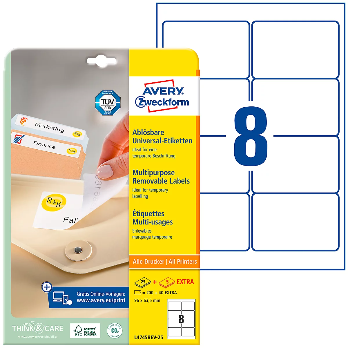 AVERY Zweckform universele etiketten, 96 x 63,5 mm, verwijderbaar, 200 + 40 stuks