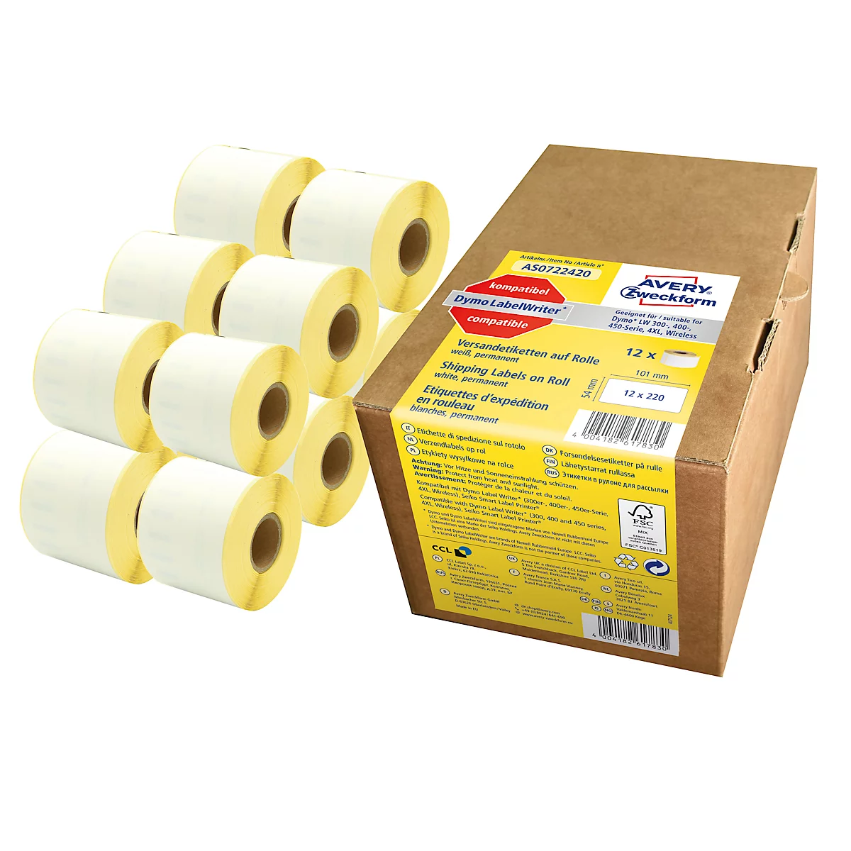 Avery Zweckform Versand Rollenetiketten, Papier, 54 x 101 mm, selbstklebend, weiß, 2640 Etiketten, 12 Rollen