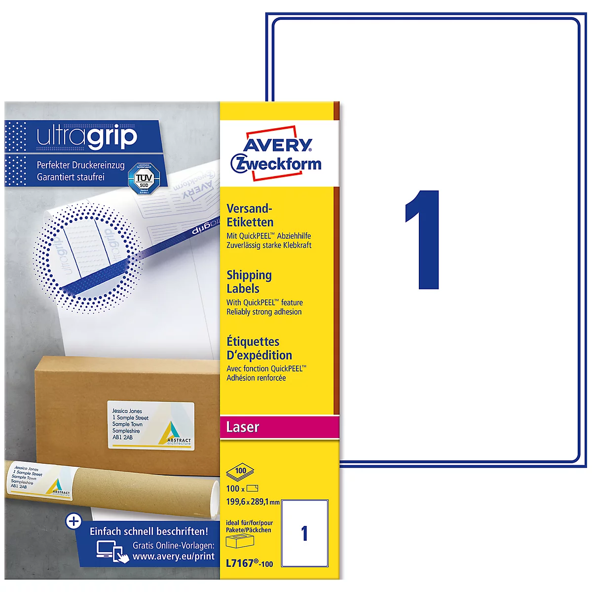 AVERY® Zweckform Versandetiketten, ultragrip, 199,6 x 289,1 mm, 100 Stück