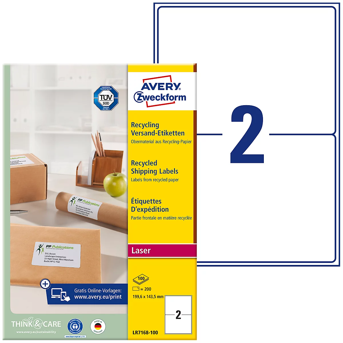Avery® Zweckform Verzendetiketten LR7168, permanente kleefstof, printer-veilig, gerecycled papier, rechthoekig, natuurlijk wit, 200 stuks op 100 vel