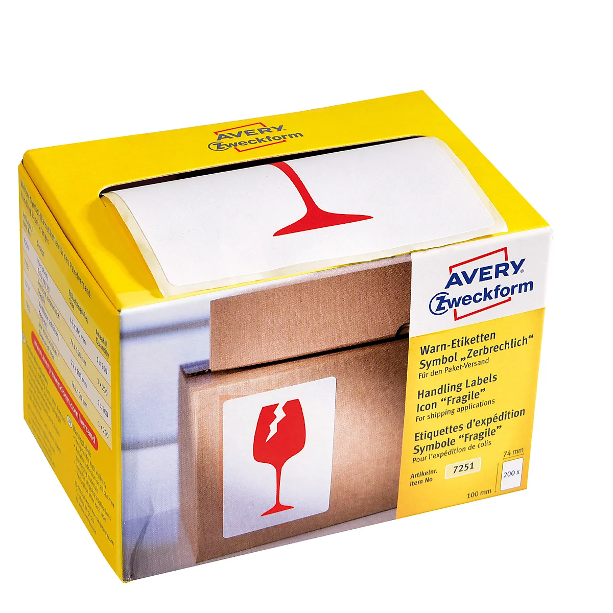 Yellow box with Avery Zweckform labels. A broken glass symbol is visible on the box and labels, next to it is written "Fragile".