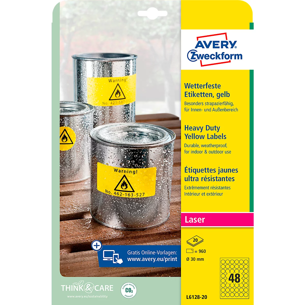 Three metal cans with yellow warning labels on a wooden surface. The text reads: 'Warning!'.