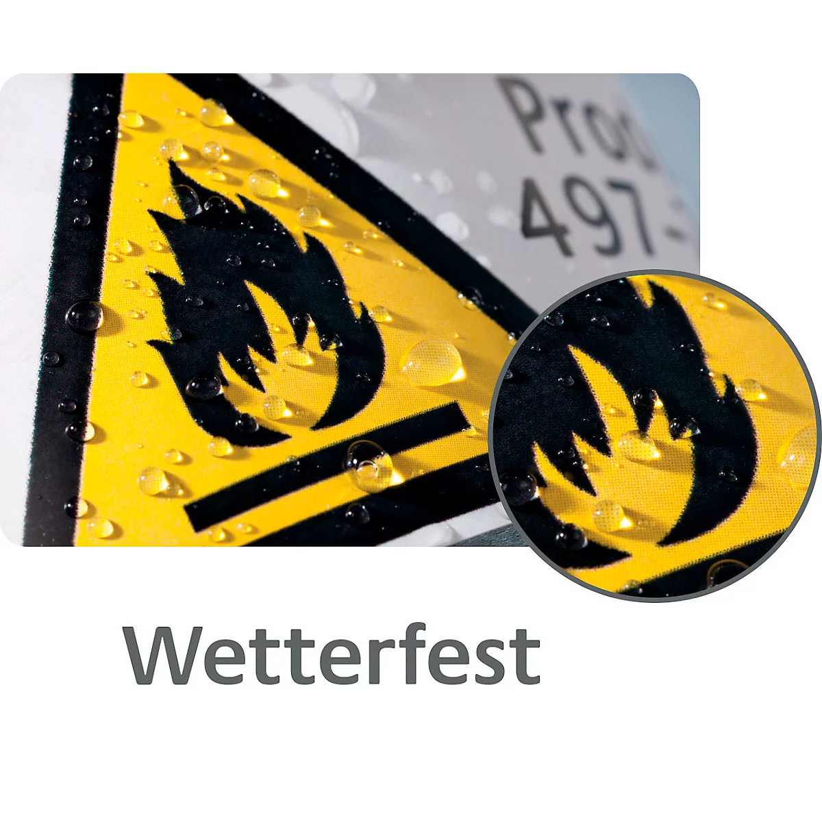 Yellow warning sign with flame symbol, weatherproof. Water droplets are on the image, with an enlarged view.