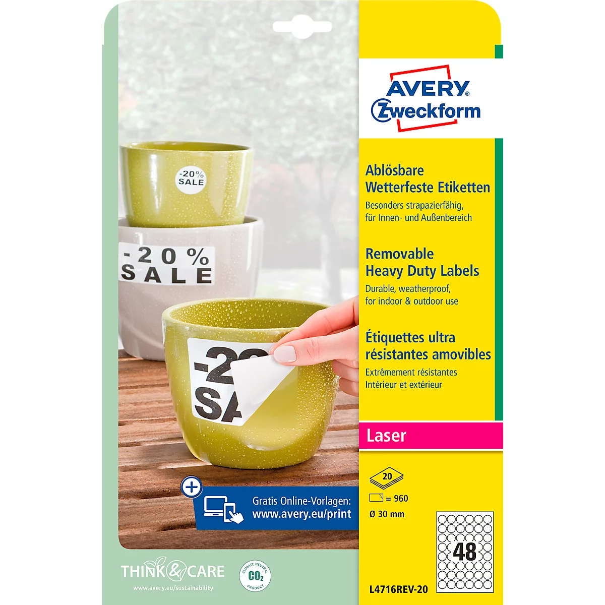 Avery Zweckform weerbestendige folie-etiketten L4716REV-20, ø 30 mm, verwijderbaar, wit