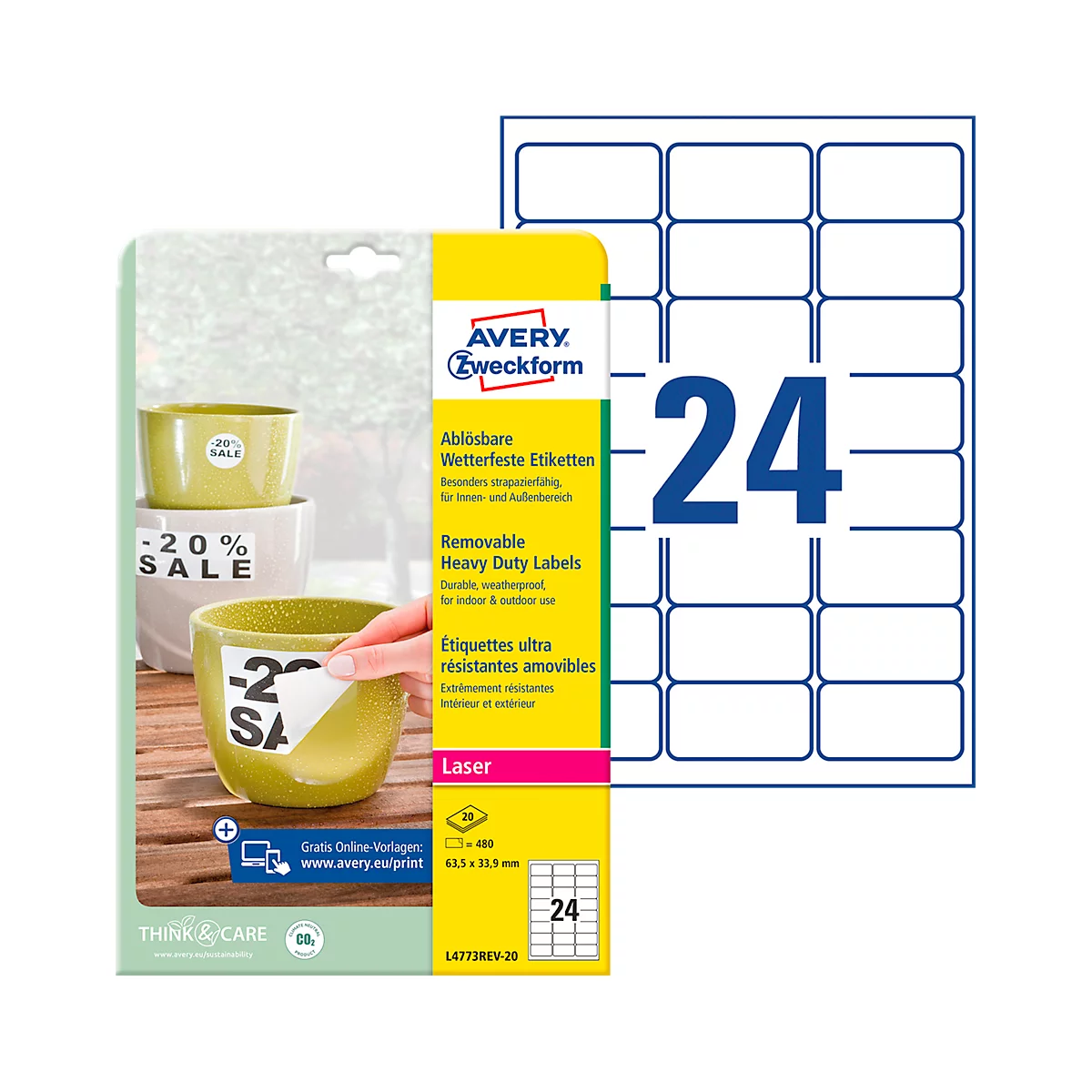 Avery Zweckform weerbestendige folie-etiketten L4773REV-20, 63,5 x 33,9 mm, verwijderbaar, wit