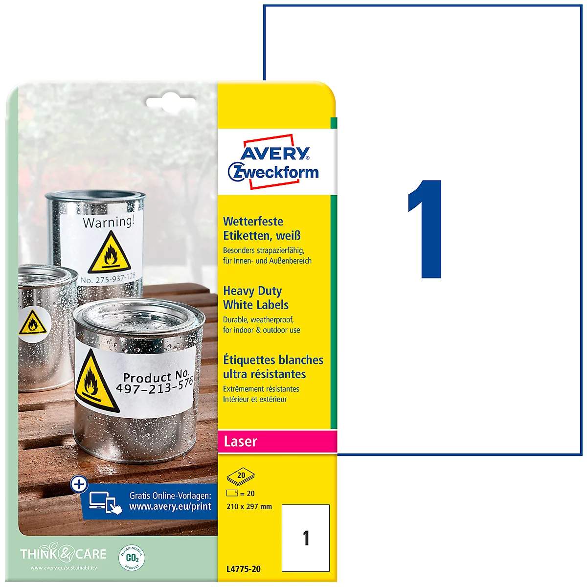 Avery Zweckform weerbestendige folie-etiketten L4775-20, A4, 20 etiketten, wit
