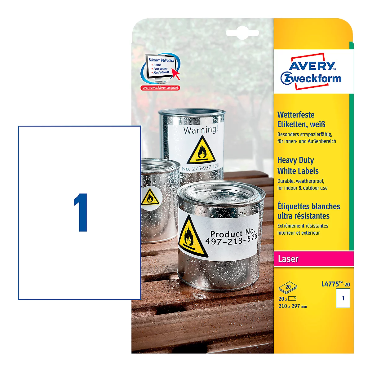 Avery Zweckform weerbestendige folie-etiketten L4775-20, A4, 20 etiketten, wit