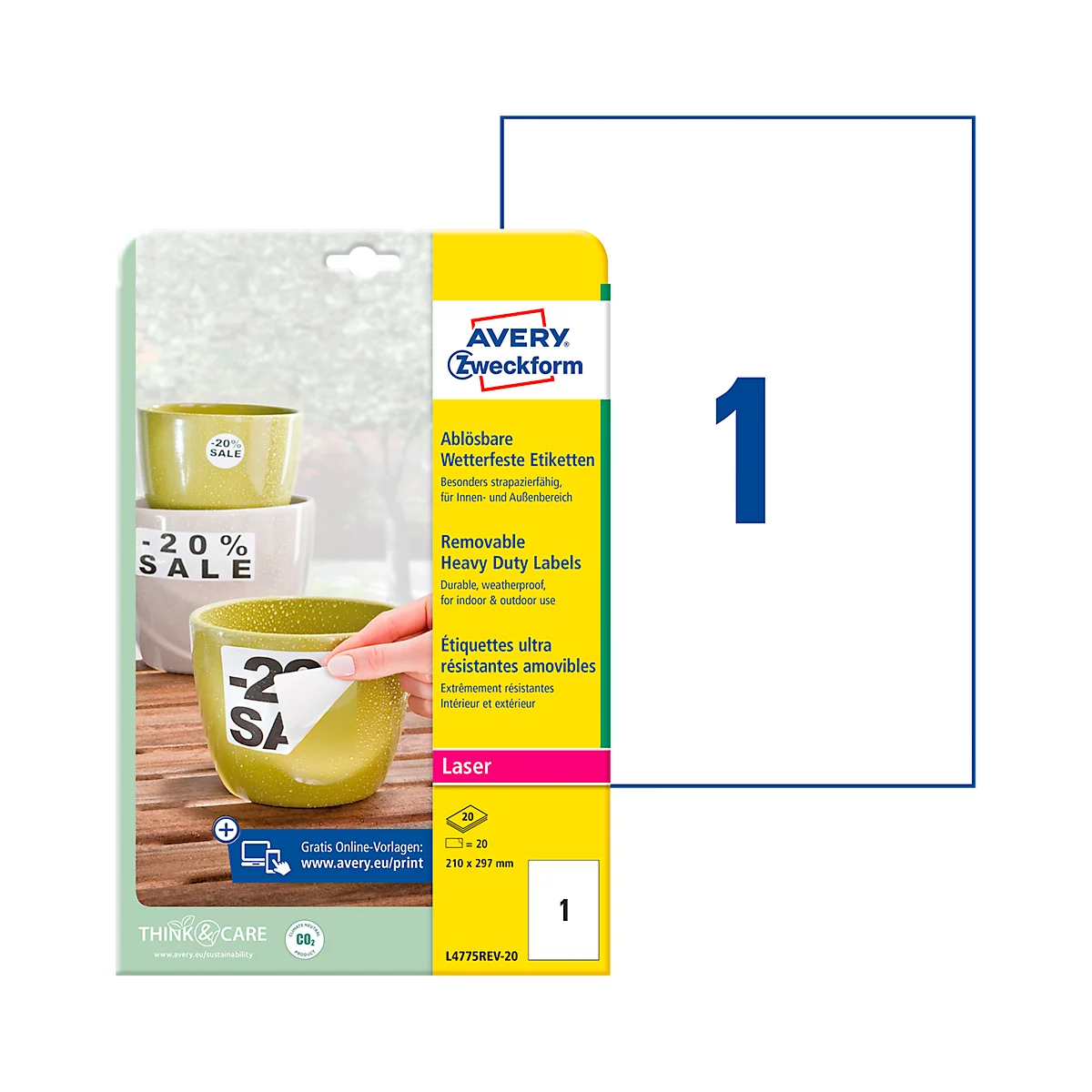 Avery Zweckform weerbestendige folie-etiketten L4775REV-20, 210 x 297 mm, verwijderbaar, wit