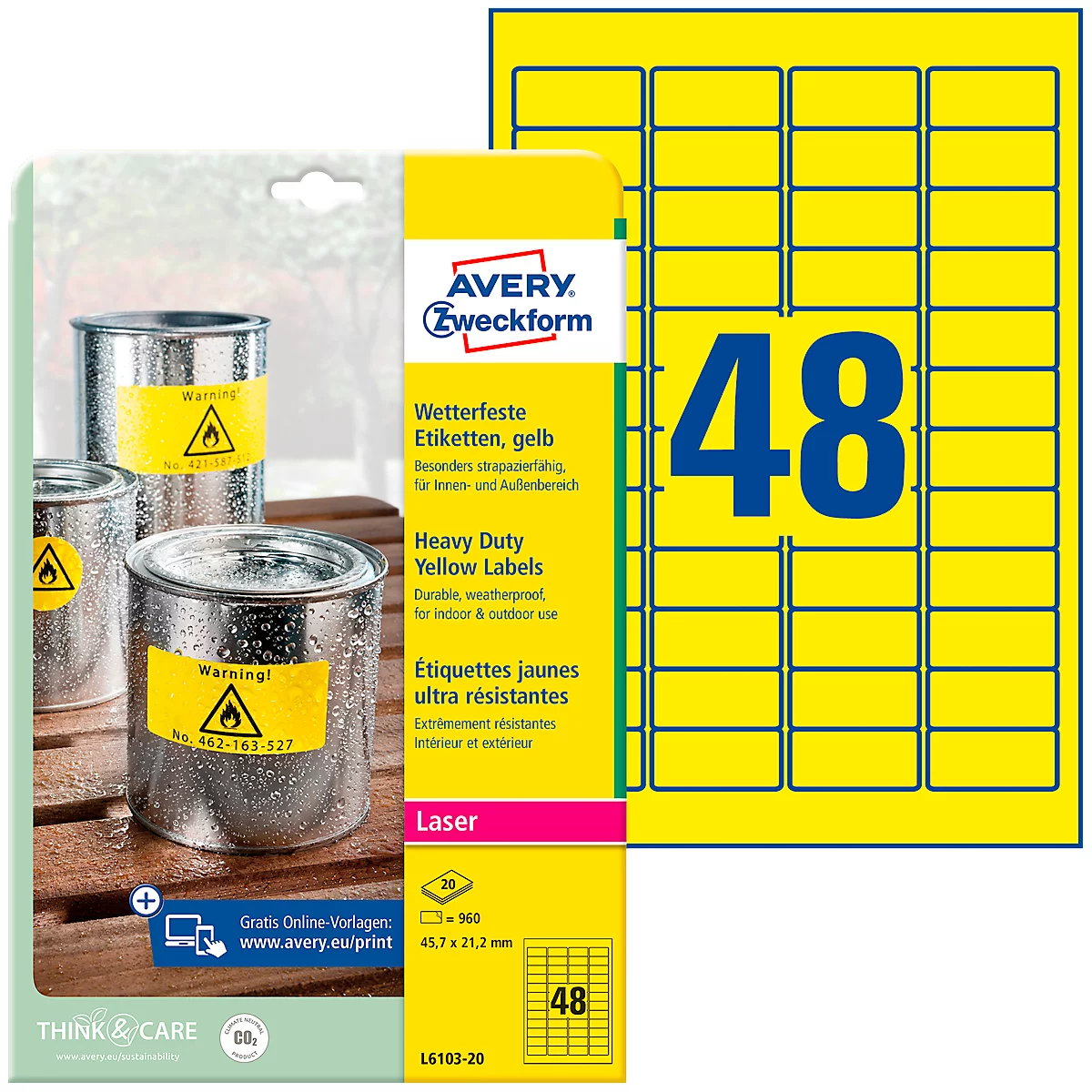 Avery Zweckform weerbestendige folie-etiketten L6103-20, 45,7 x 21,2 mm, permanent, geel