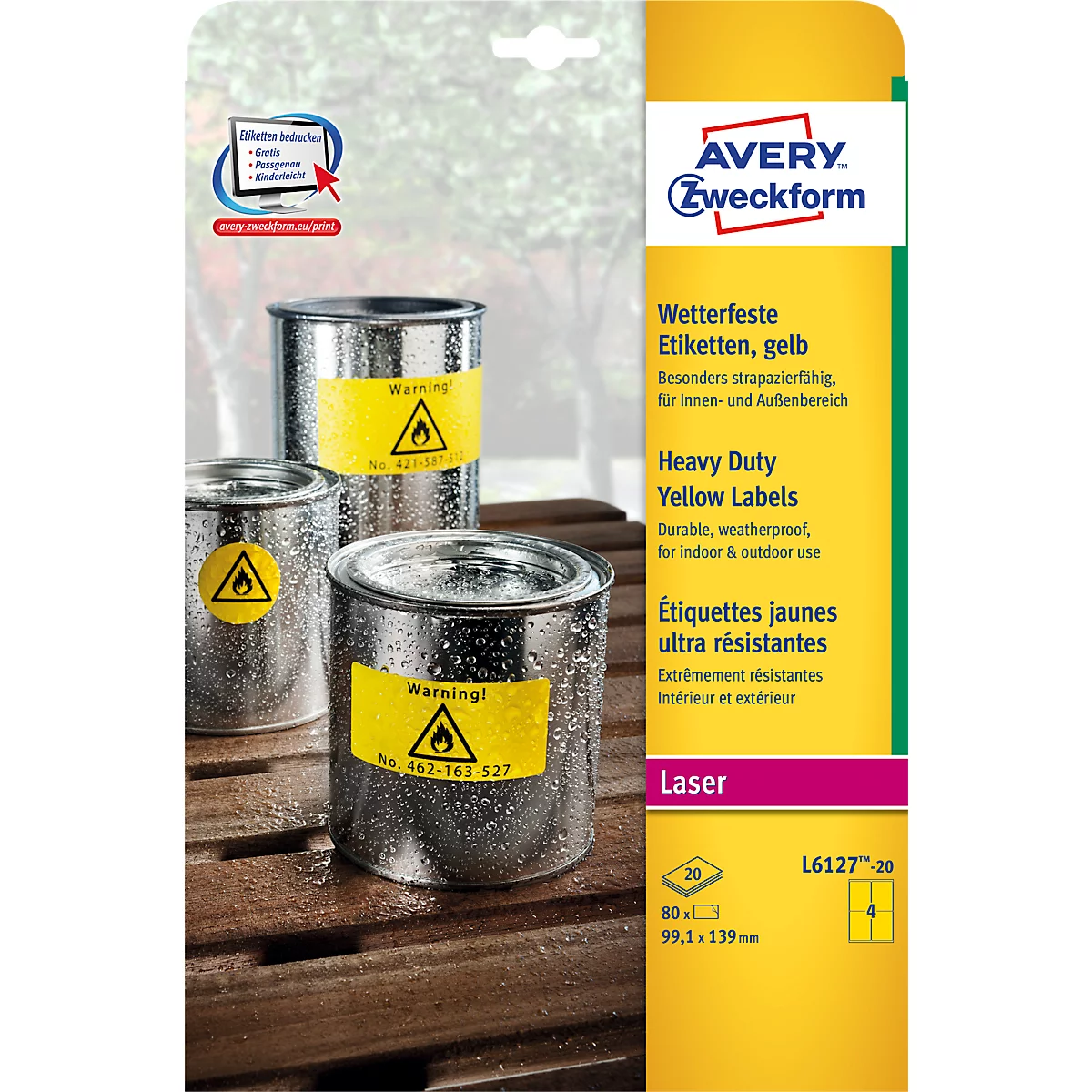 Avery Zweckform weerbestendige folie-etiketten L6127-20, 99,1 x 139 mm, permanent, geel