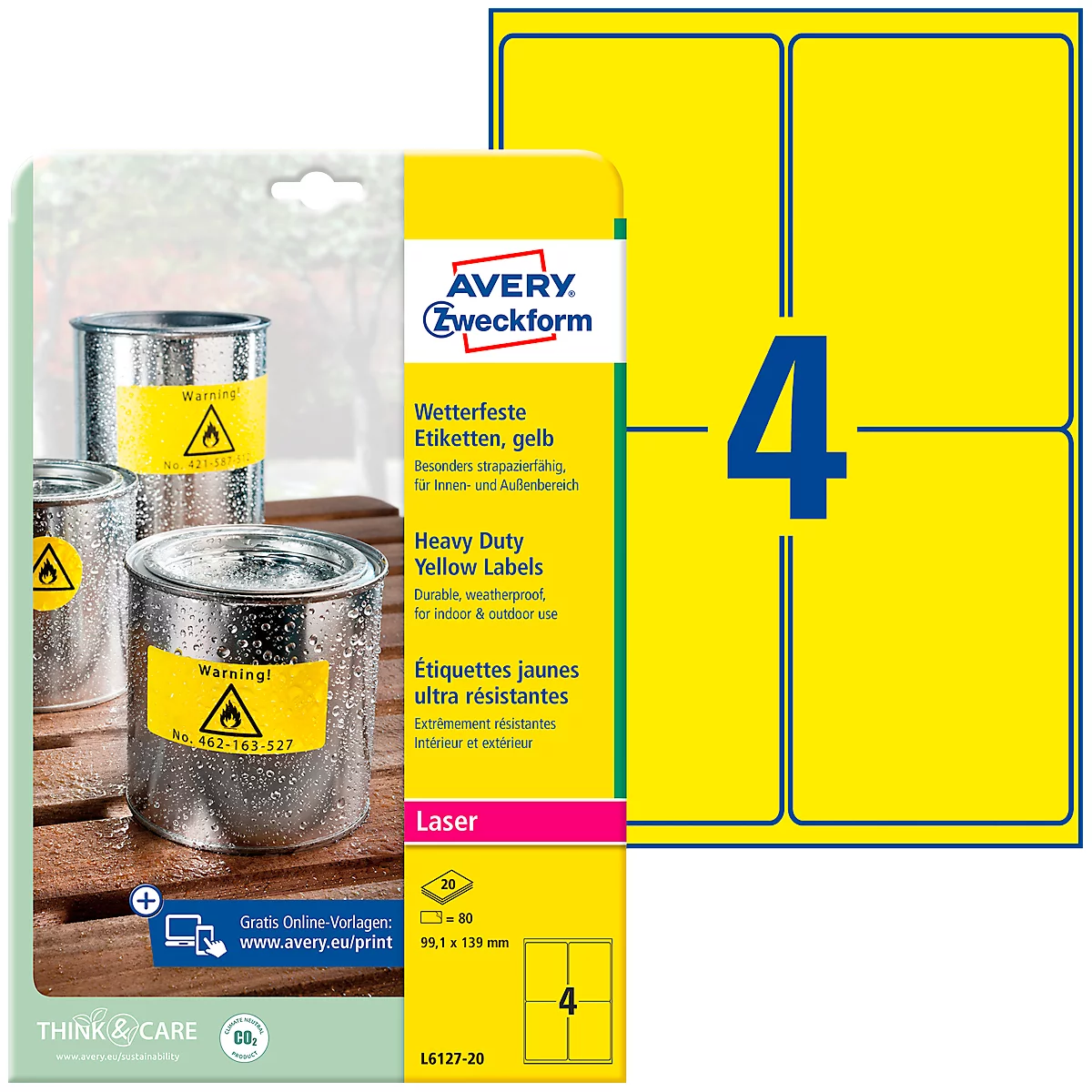 Avery Zweckform weerbestendige folie-etiketten L6127-20, 99,1 x 139 mm, permanent, geel