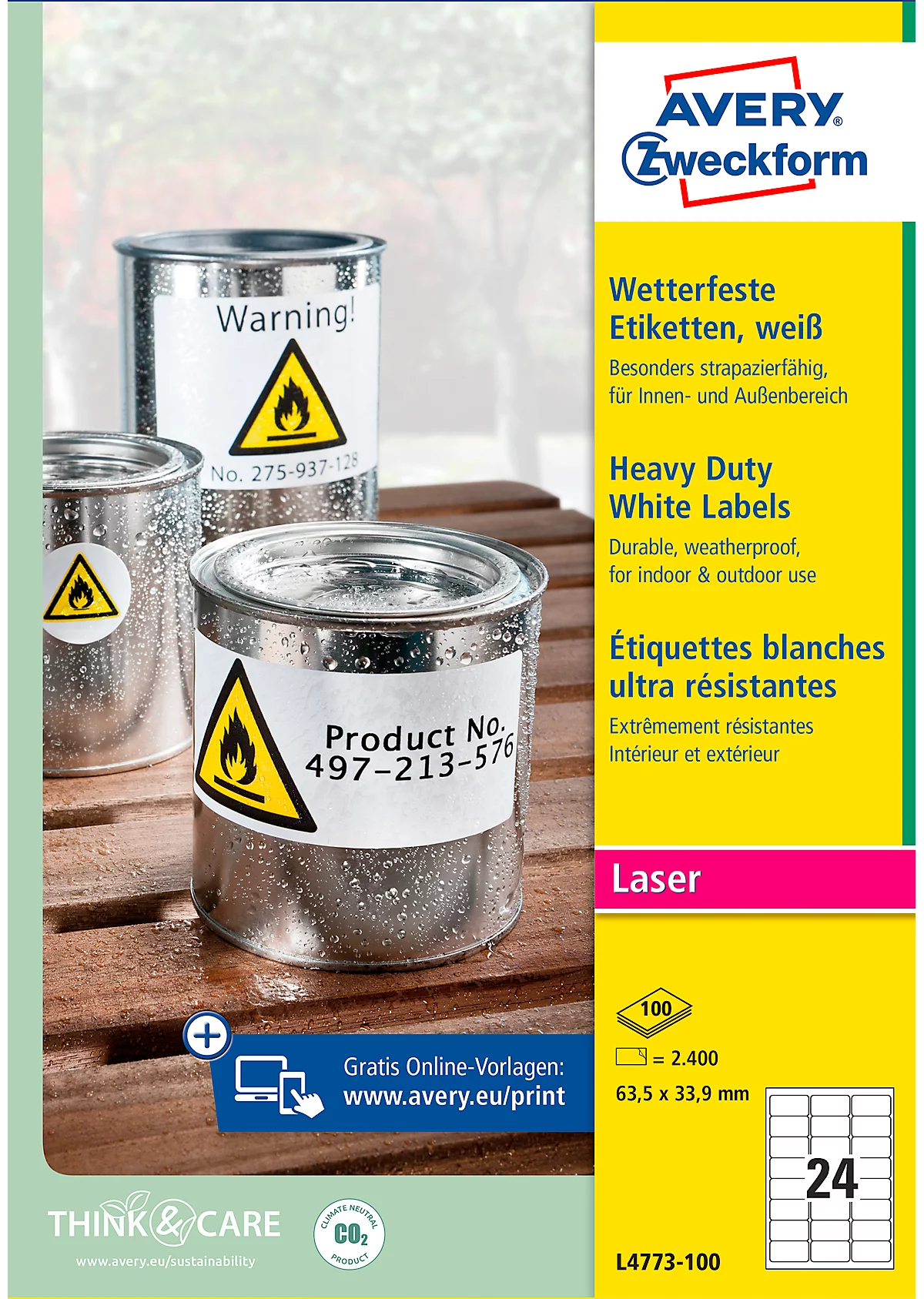 AVERY® Zweckform Wetterfeste Folien-Etiketten L4773-100, 63,5 x 33,9 mm, permanent, weiss