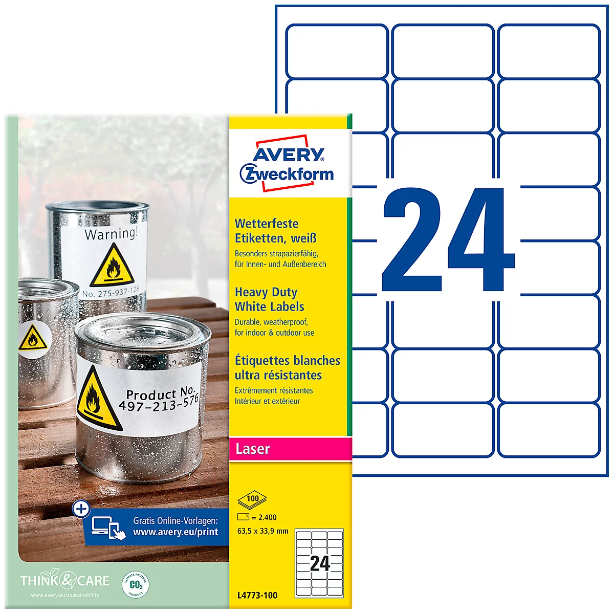 AVERY® Zweckform Wetterfeste Folien-Etiketten L4773-100, 63,5 x 33,9 mm, permanent, weiss