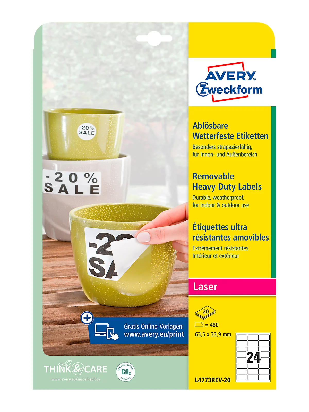 Avery Zweckform Wetterfeste Folien-Etiketten L4773REV-20, 63,5 x 33,9 mm, wiederablösbar, weiss