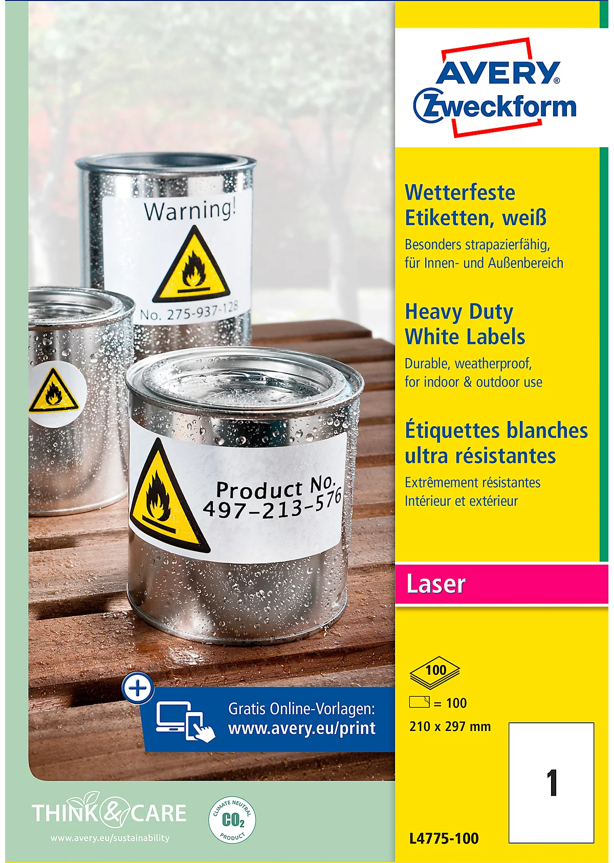 AVERY® Zweckform Wetterfeste Folien-Etiketten L4775-100, 210 x 297 mm, permanent, weiss