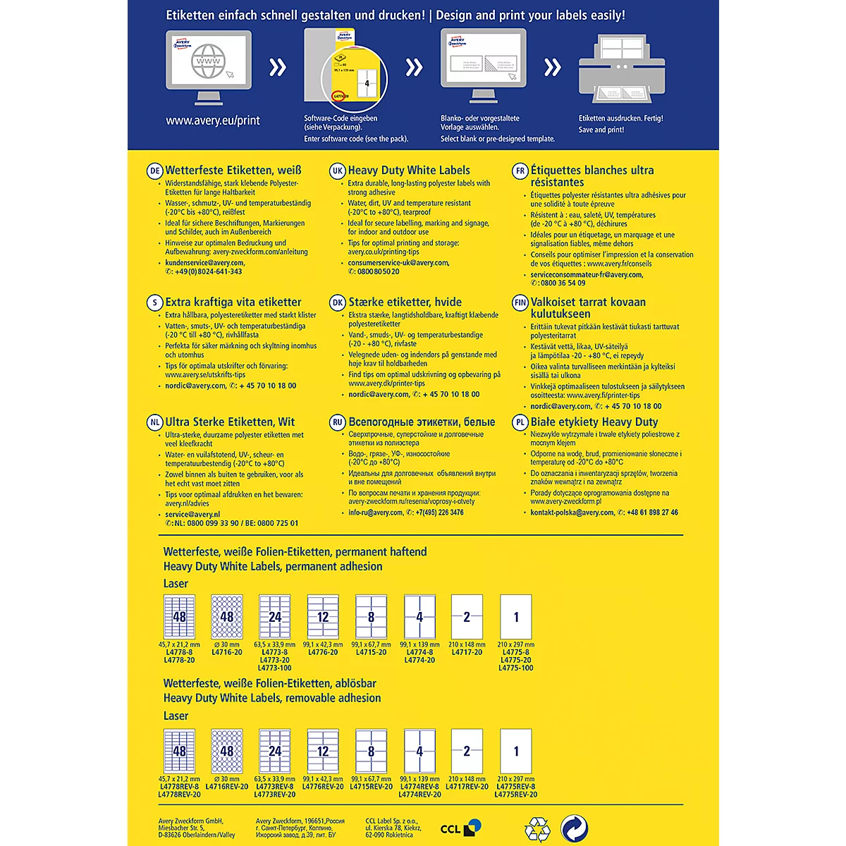 AVERY® Zweckform Wetterfeste Folien-Etiketten L4775-100, 210 x 297 mm, permanent, weiss