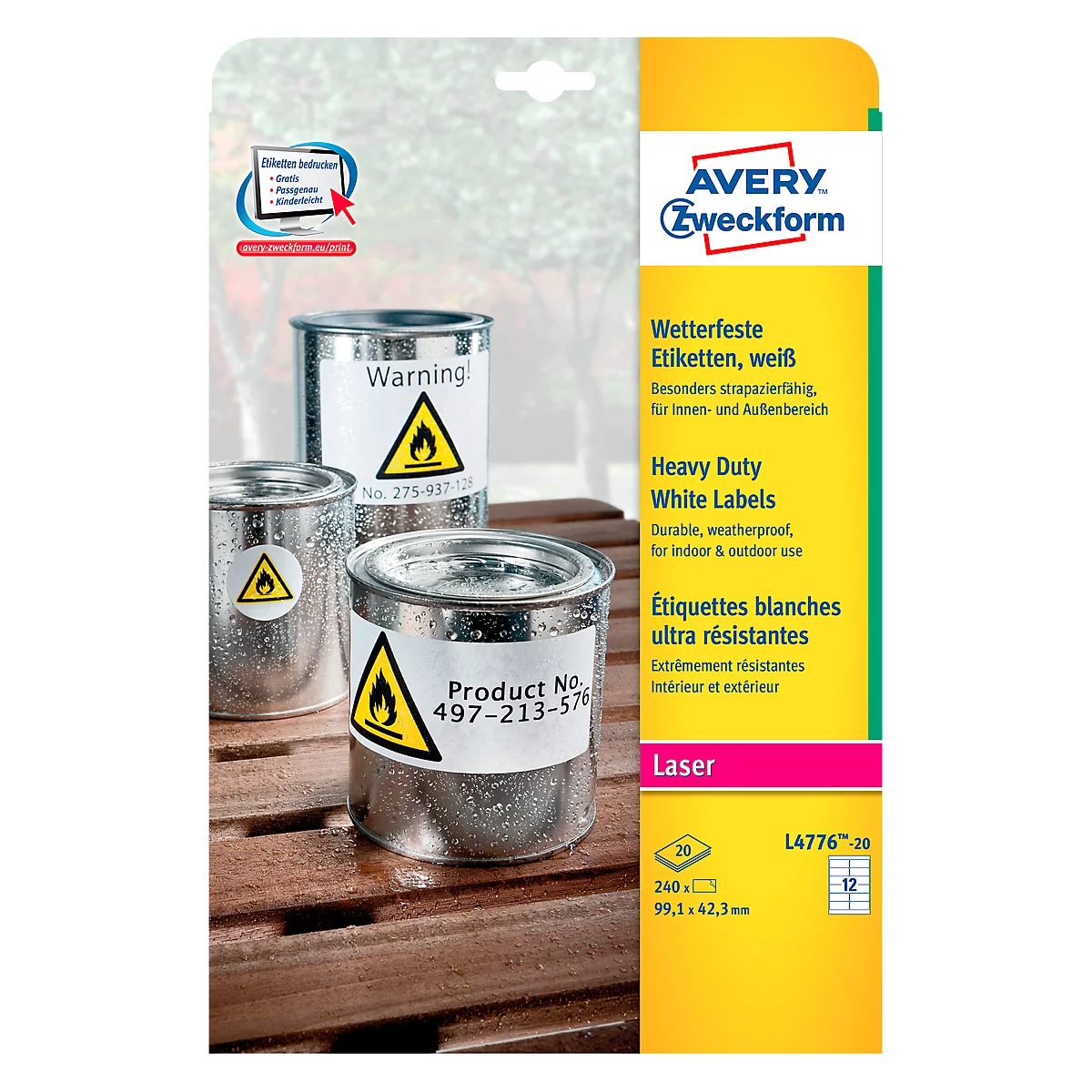 Avery Zweckform Wetterfeste Folien-Etiketten L4776-20, 99,1 x 42,3 mm, permanent, weiß