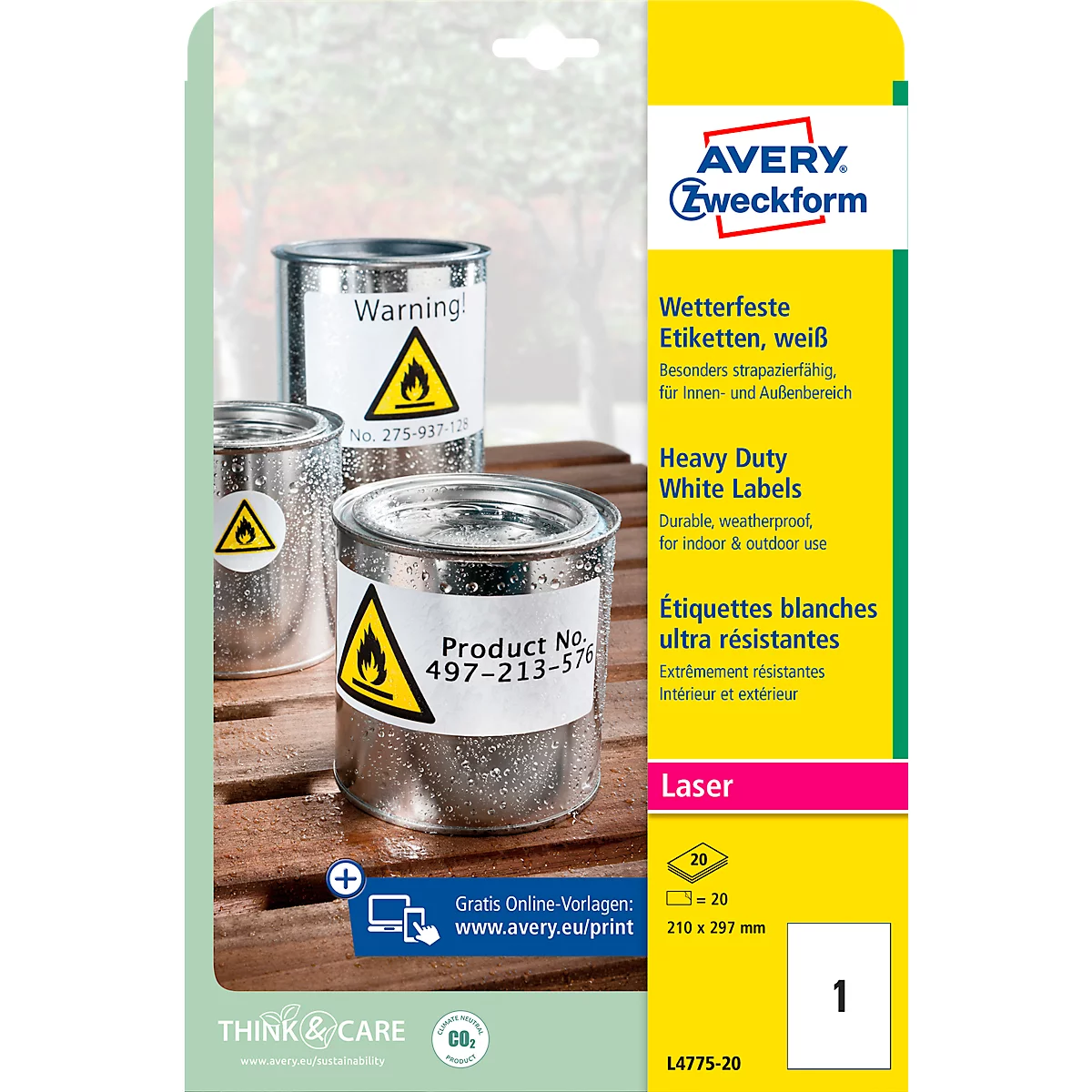 Avery Zweckform Wetterfeste Folienetiketten L4775-20, A4, 20 Etiketten, weiß