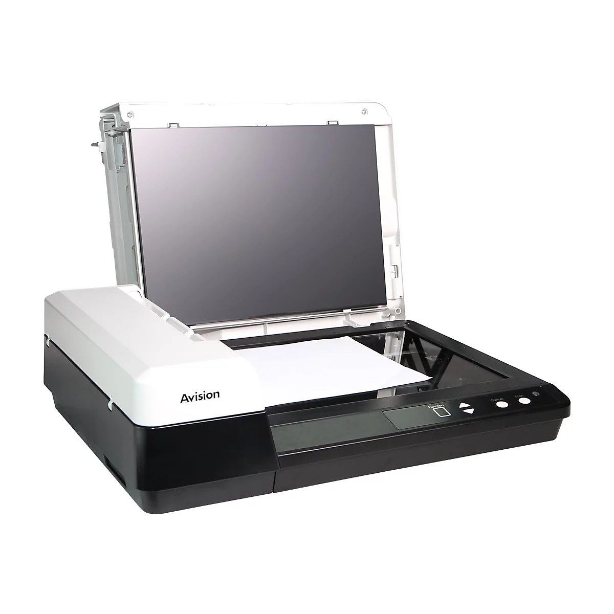 Ein offener, schwarz-weißer Flachbettscanner. Ein Blatt Papier liegt auf der Glasplatte. Das Wort 'Avision' ist auf der Seite sichtbar.