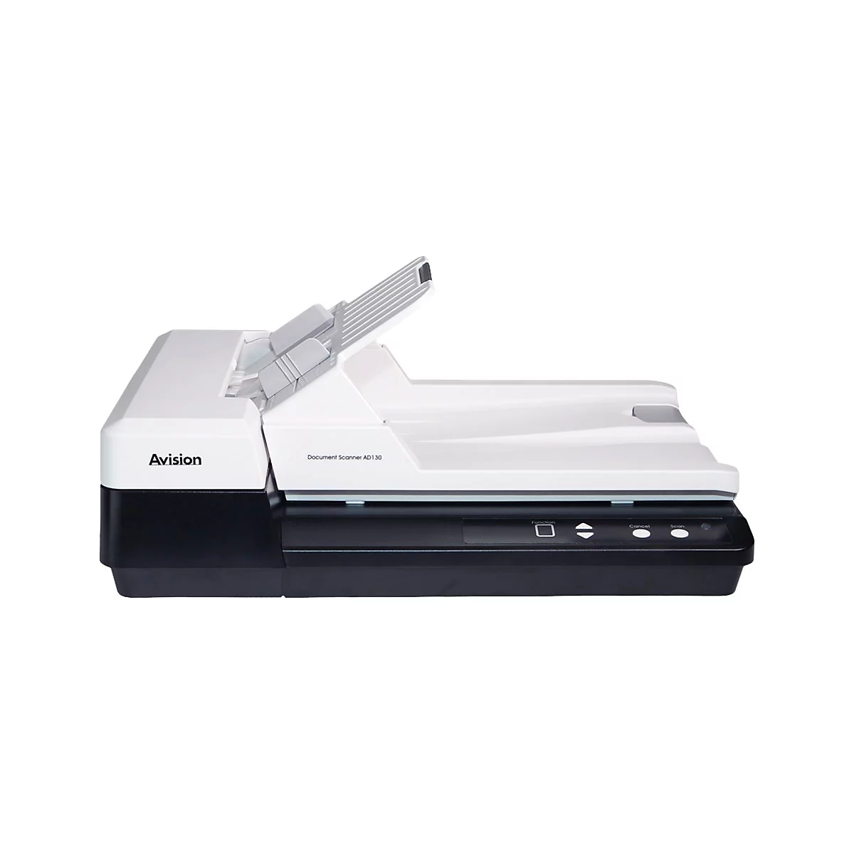 Weiß-schwarzer Dokumentenscanner mit offenem Deckel. Aufschrift: Avision, Document Scanner AD130, Scan, Cancel.