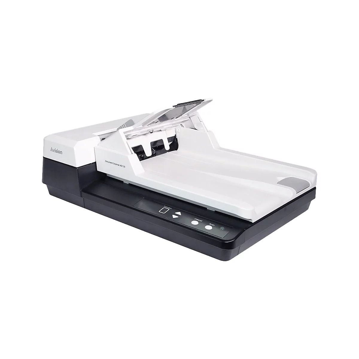 Ein weiß-schwarzer Dokumentenscanner mit geöffnetem Deckel auf weißem Hintergrund.