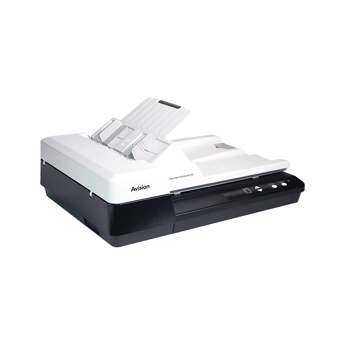 Ein weiß-schwarzer Dokumentenscanner, Modell Avision AD130, mit offenem Einzug. Knöpfe und Anzeigen auf der Vorderseite.