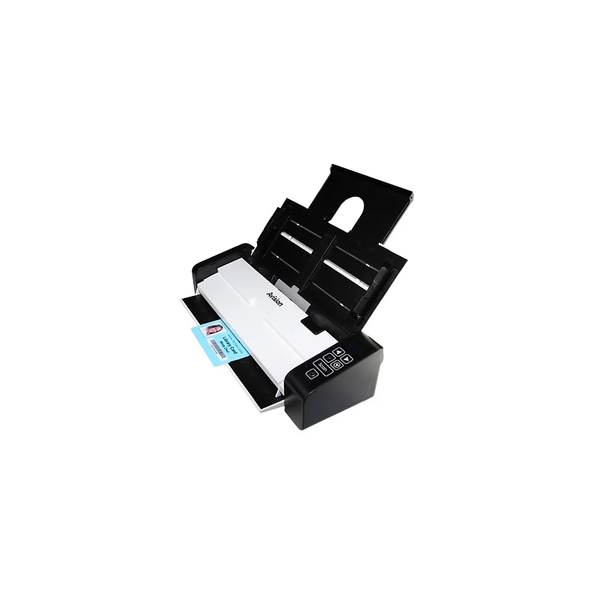Ein schwarzer Scanner mit offenem Deckel. Eine blaue Bibliothekskarte liegt im Gerät. Auf dem Scanner steht „Avision“. Auf der Vorderseite Scan-Tasten.
