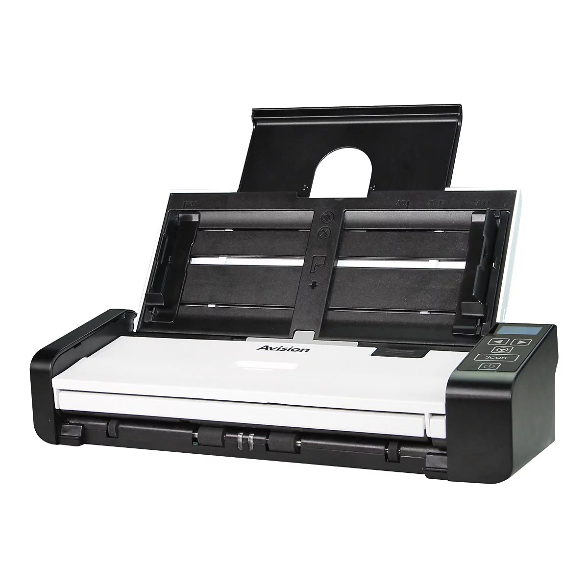 Ein weiß-schwarzer Avision-Dokumentenscanner mit aufgeklapptem Vorlageneinzug vor weißem Hintergrund.