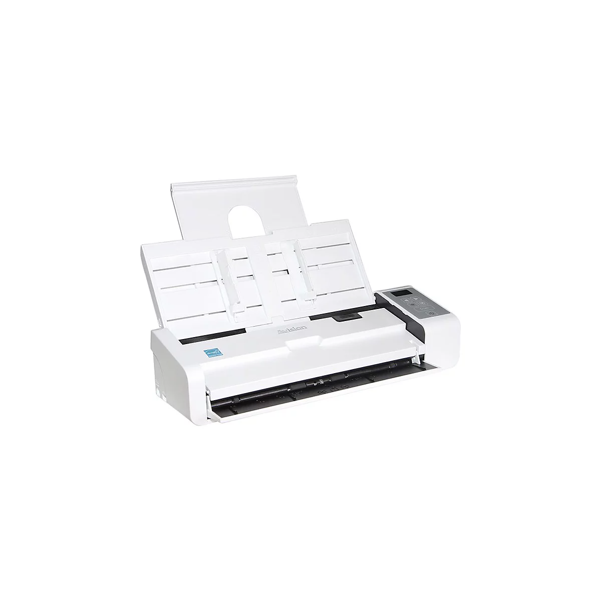 Weißer Dokumentenscanner Avision mit ausgeklappter Papierzufuhr vor weißem Hintergrund.
