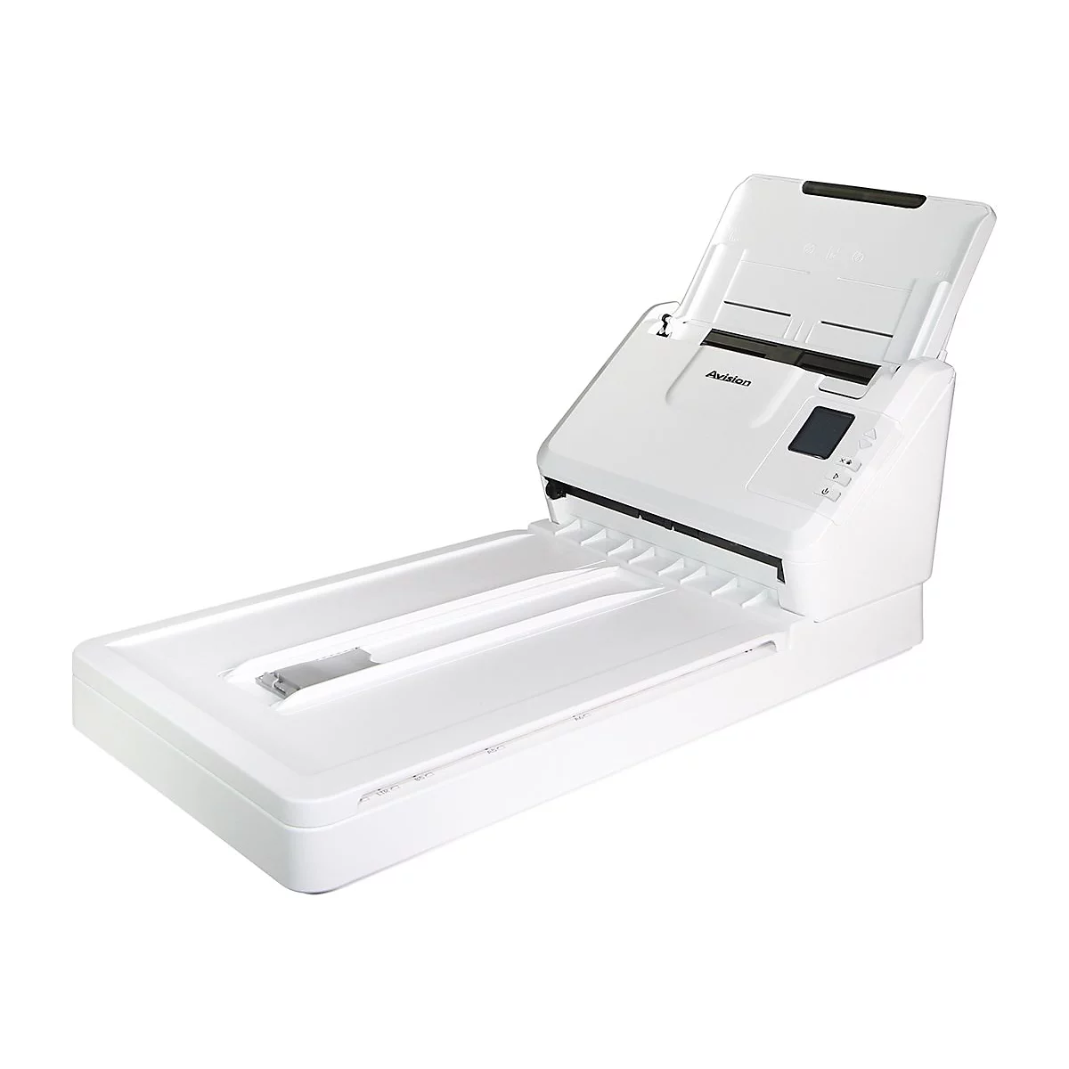 Weißer Dokumentenscanner mit aufklappbarer Papierzufuhr vor neutralem Hintergrund.
