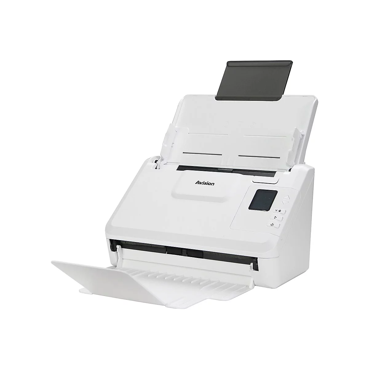Weißer Avision Dokumentenscanner mit aufgeklapptem Einzugsfach und Bedienfeld auf weißem Hintergrund.