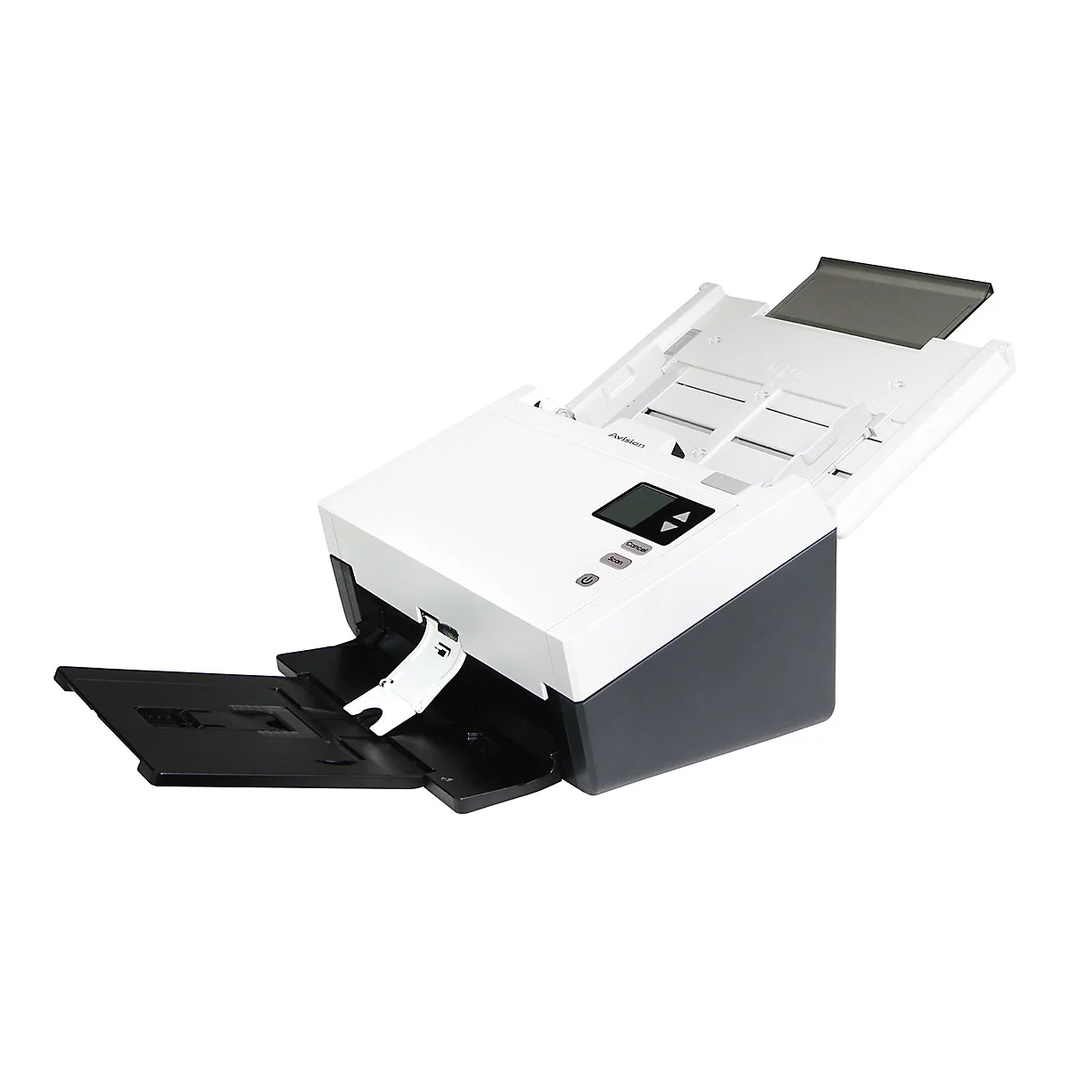 Ein weiß-grauer Avision Dokumentenscanner mit ausgefahrenen Papierfächern vor weißem Hintergrund.