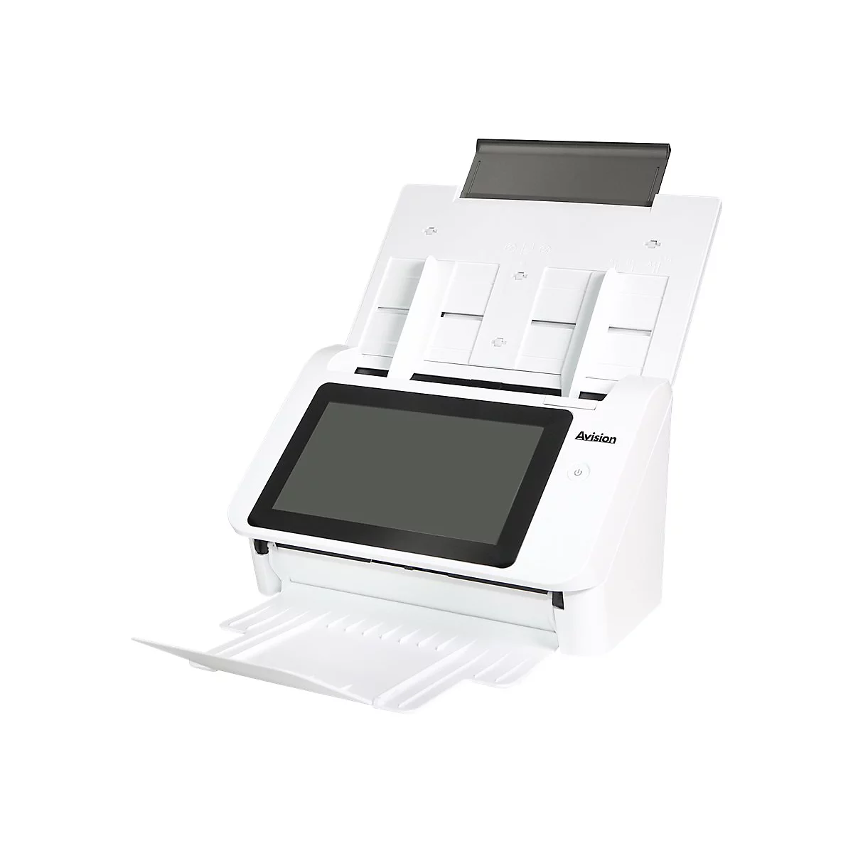 Weißer Dokumentenscanner mit Touchscreen und der Aufschrift Avision.