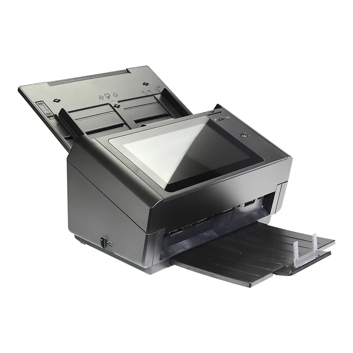 Schwarzer Scanner mit offenem Deckel und Papiereinzug. Auf weißem Hintergrund.