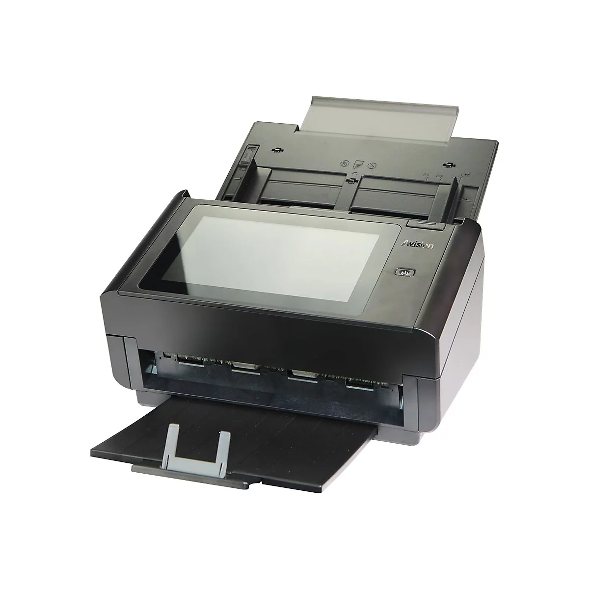 Schwarzer Dokumentenscanner mit offenem Deckel und Papierschacht. Das Display ist an.