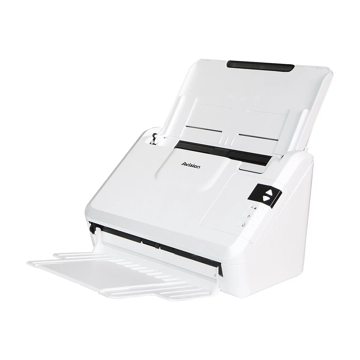 Weißer Scanner mit geöffnetem Deckel, oben das Logo "Avision", daneben Bedienelemente.