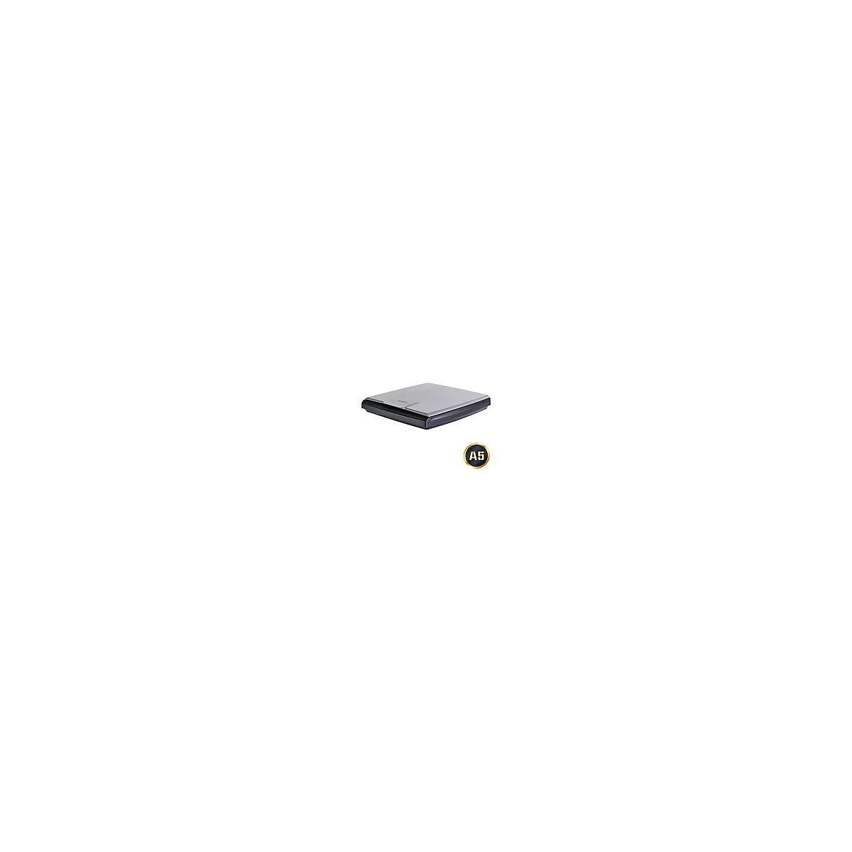 Ein grauer Scanner mit schwarzem Rahmen steht auf weißem Grund. Auf der Vorderseite ist ein A5-Symbol.