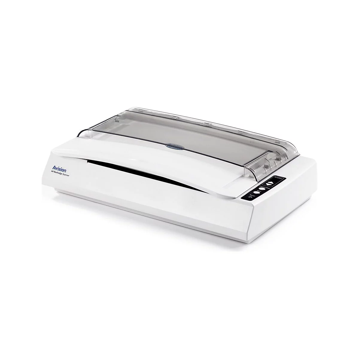 Weißer Avision A4 Buchscanner mit transparentem Deckel und Tastenfeld auf der rechten Seite vor weißem Hintergrund.