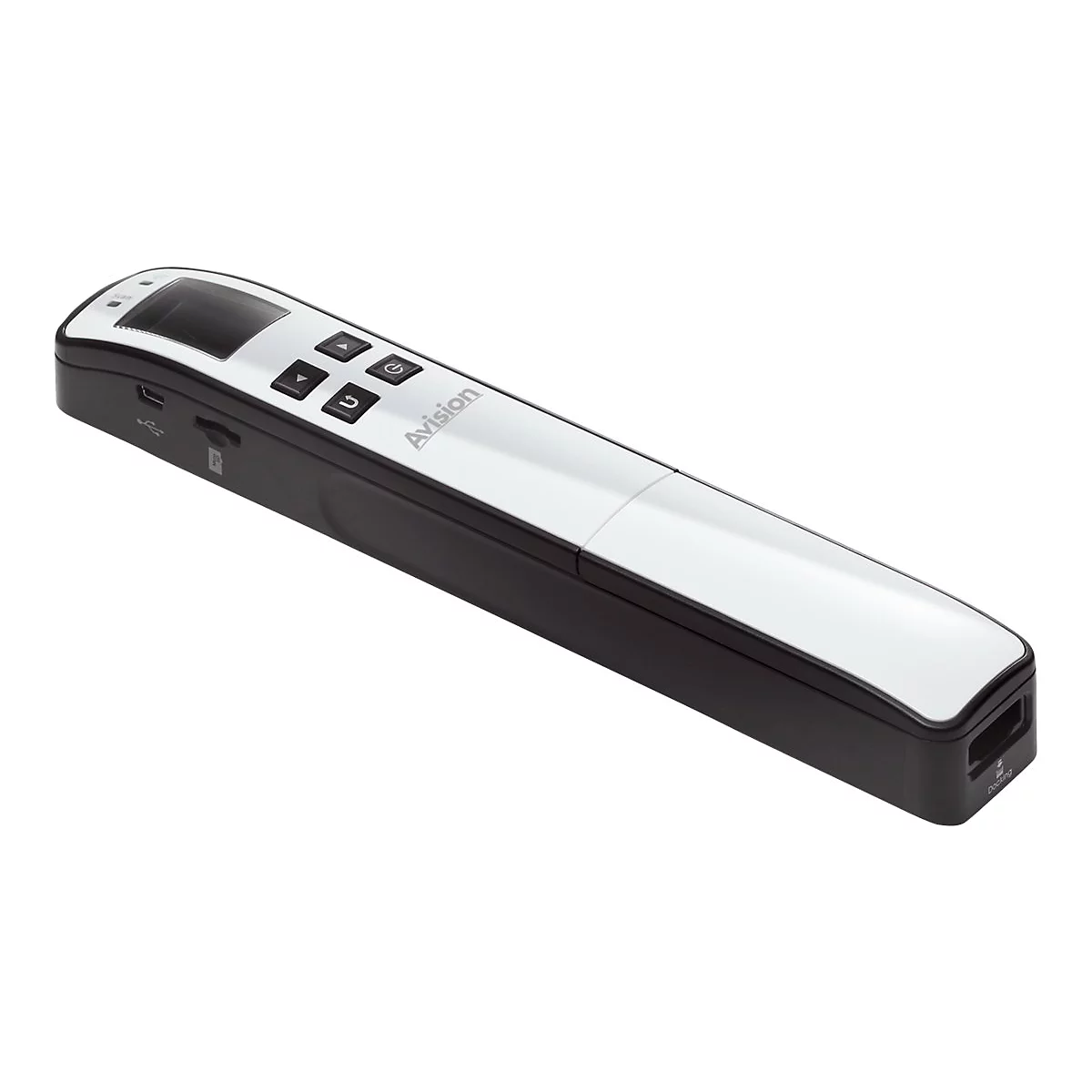 Ein schwarzer, weißer Handscanner, mit Tasten und einem Display, liegt schräg auf hellem Hintergrund. Das Logo "Avision" ist sichtbar.