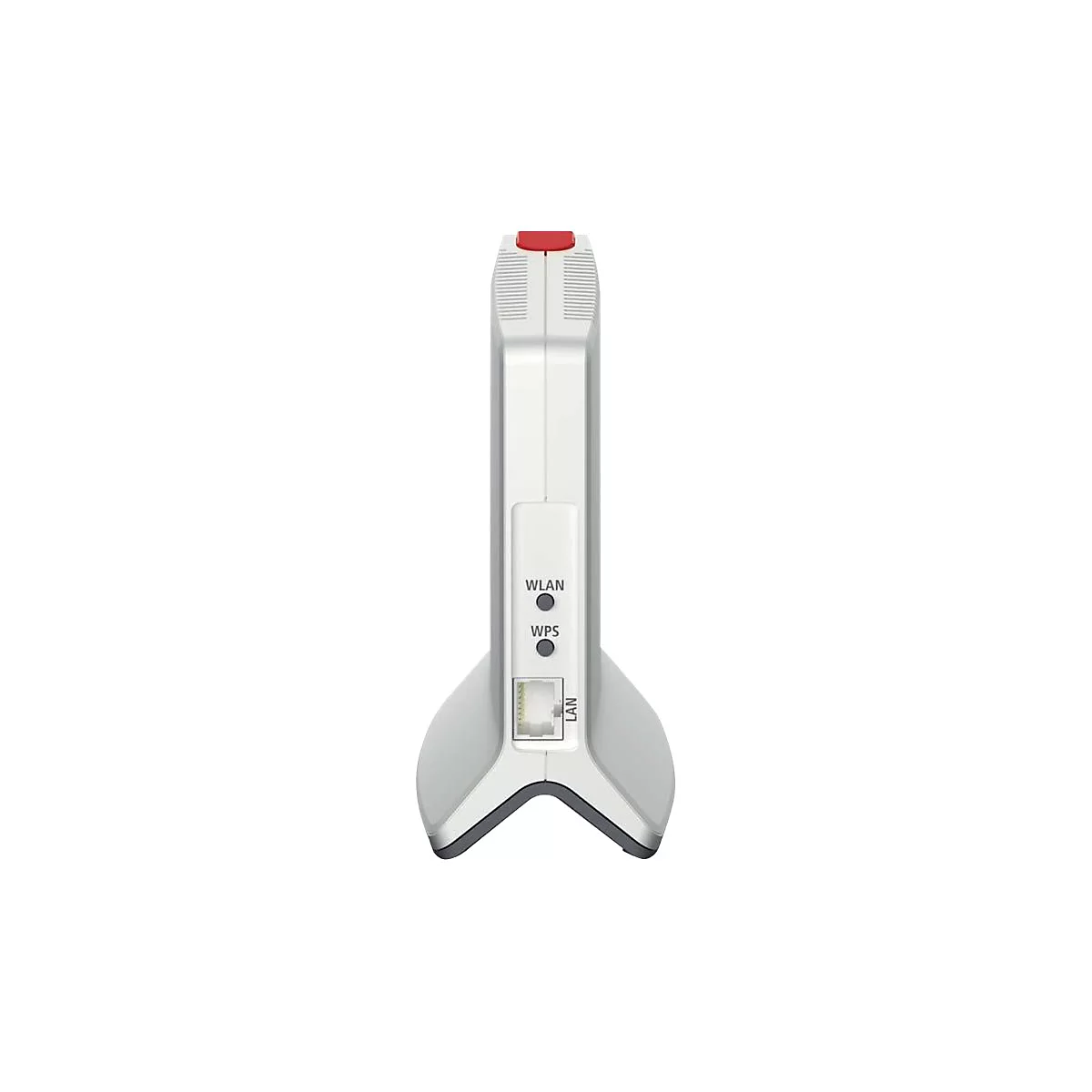 WeiÃŸer WLAN-Repeater mit rotem Knopf, unterhalb sind WLAN, WPS und LAN gekennzeichnet.
