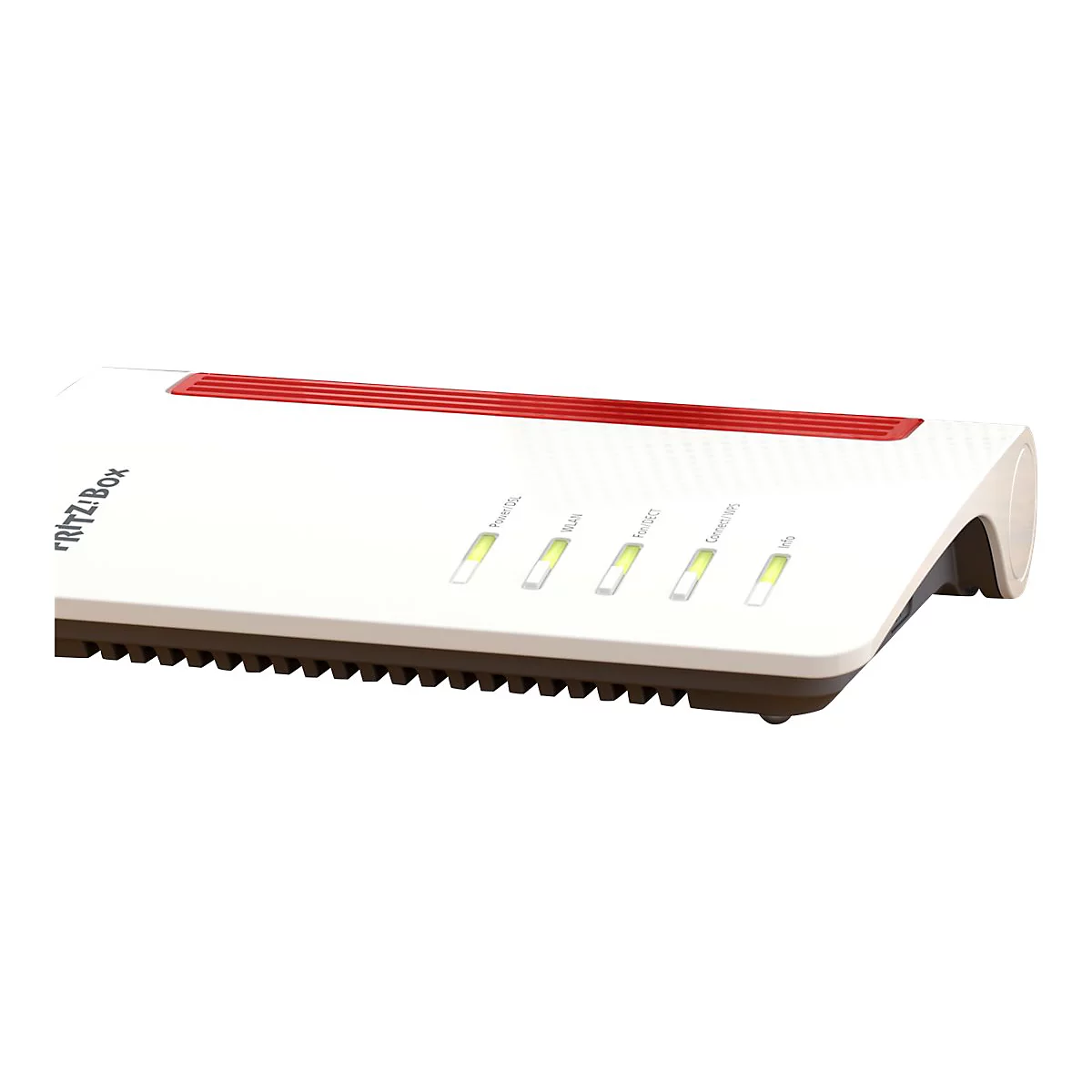 FRITZ!Box Router, weiß, mit roten Akzenten. Verschiedene Anzeigen leuchten.