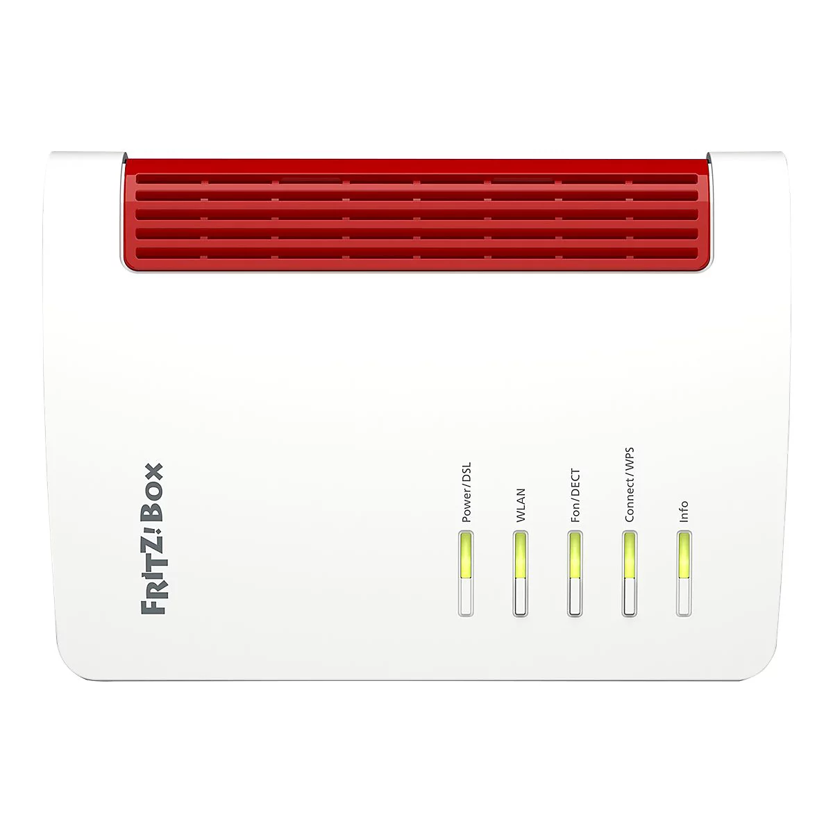 Weißer Router mit rotem Lüftungsgitter und Leuchten. Rechts: Power, WLAN, Fon/DECT, Connect/WPS, Info.