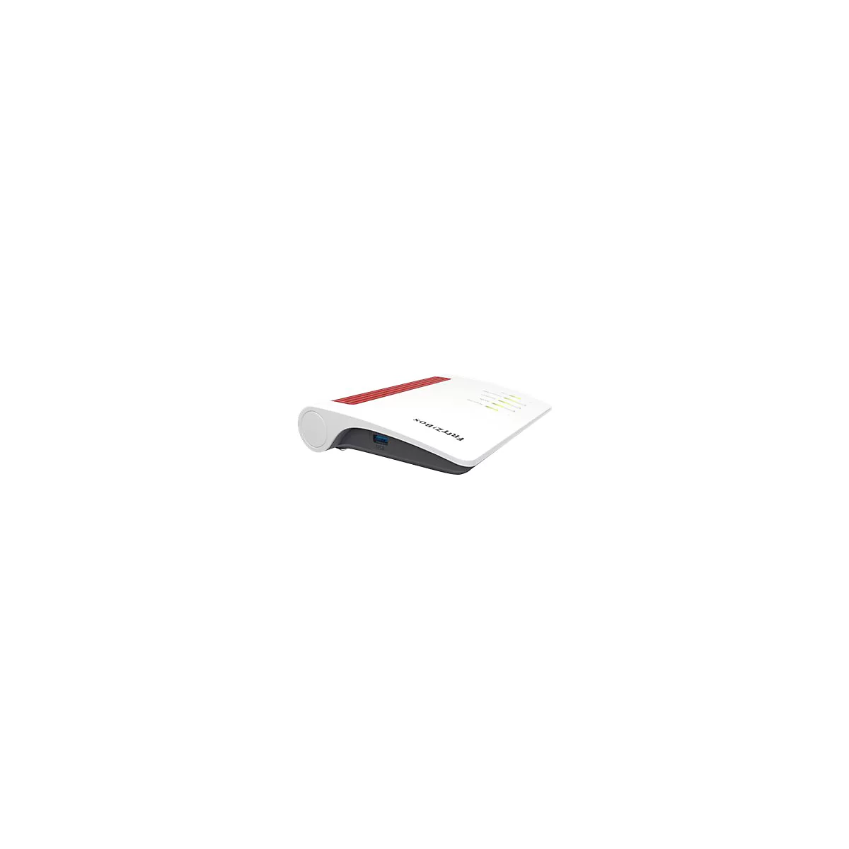 Weißer Router, roter Streifen, USB-Anschluss. Aufschrift FRITZ!Box.
