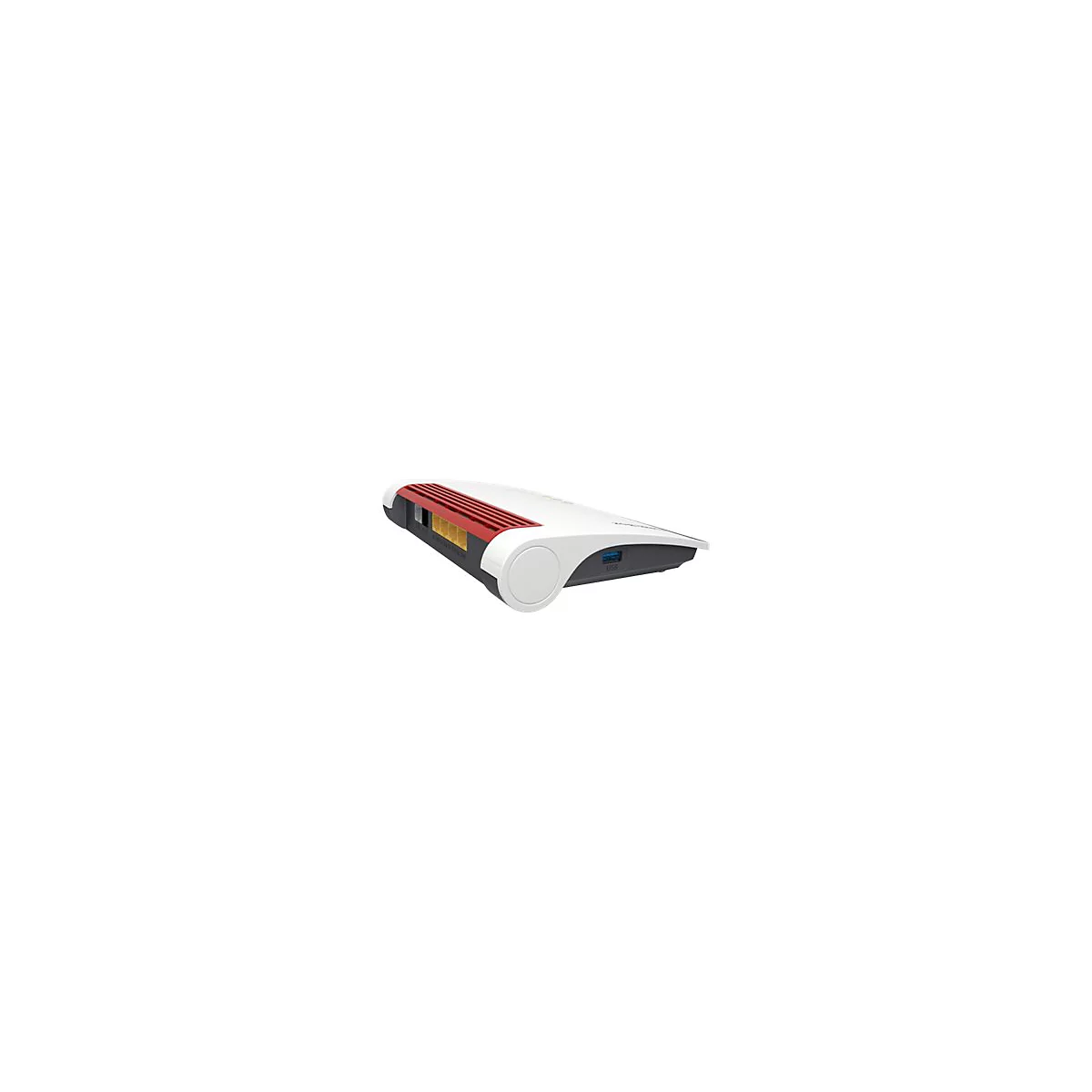 Weißer Router, roter Streifen, seitliche Anschlüsse, USB-Anschluss.