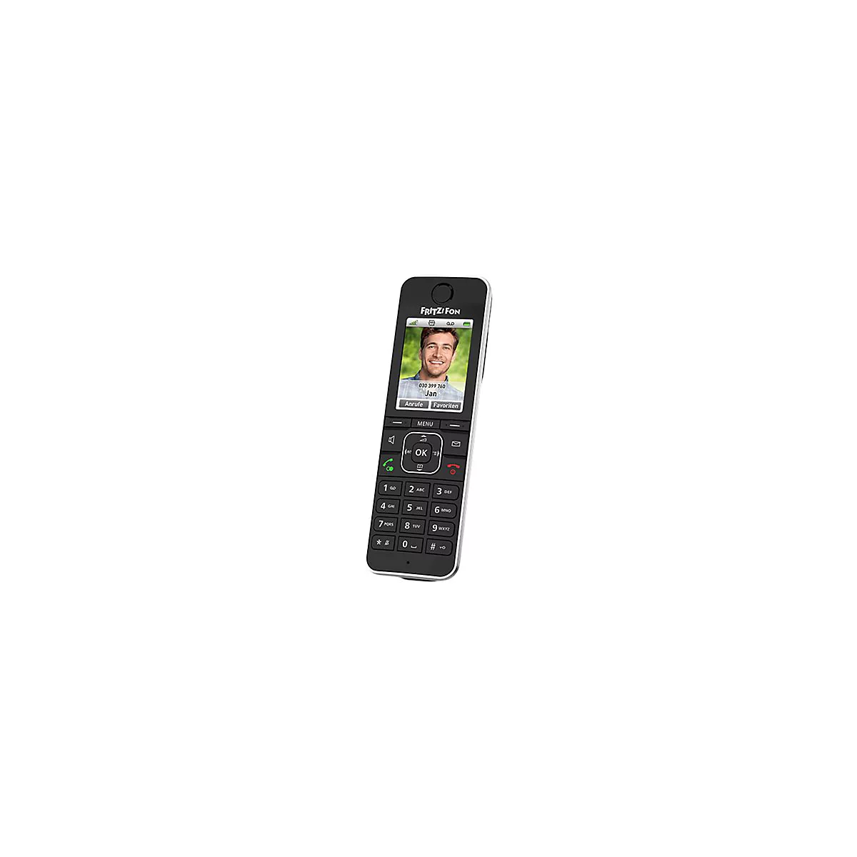 Schwarzes FRITZ!Fon Telefon mit Display. Auf dem Display ist ein Foto einer Person zu sehen, daneben eine Telefonnummer und der Name Jan.